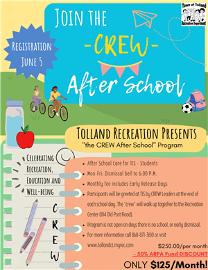 Join the CREW After School! Registration June 5, 2023. After School care for TIS students. Mon-Fri Dismissal bell to 6pm. participants will be greeted at RIS by CREW Leaders at the end of each school day. the "CREW" will walk up together to the Recreation
