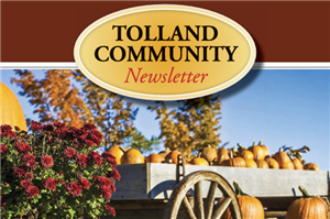 Tolland Community Newsletter Front Cover: mums and pumpkins on a wagon bed with fall setting in background